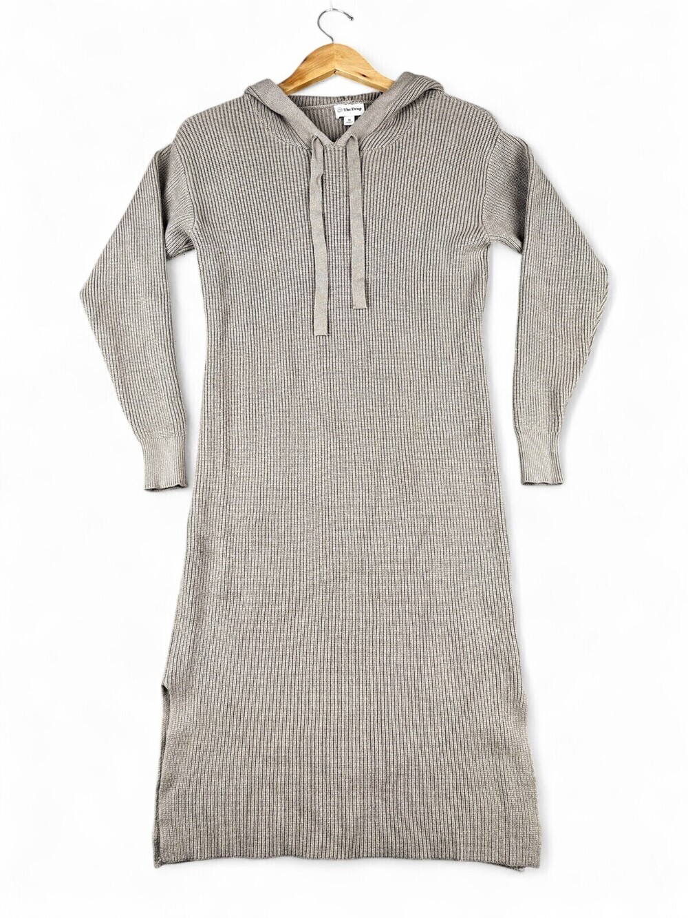 The Drop Ribbed Hoodie Sweater Dress XS Taupe Midi Knit Side Slit Hooded